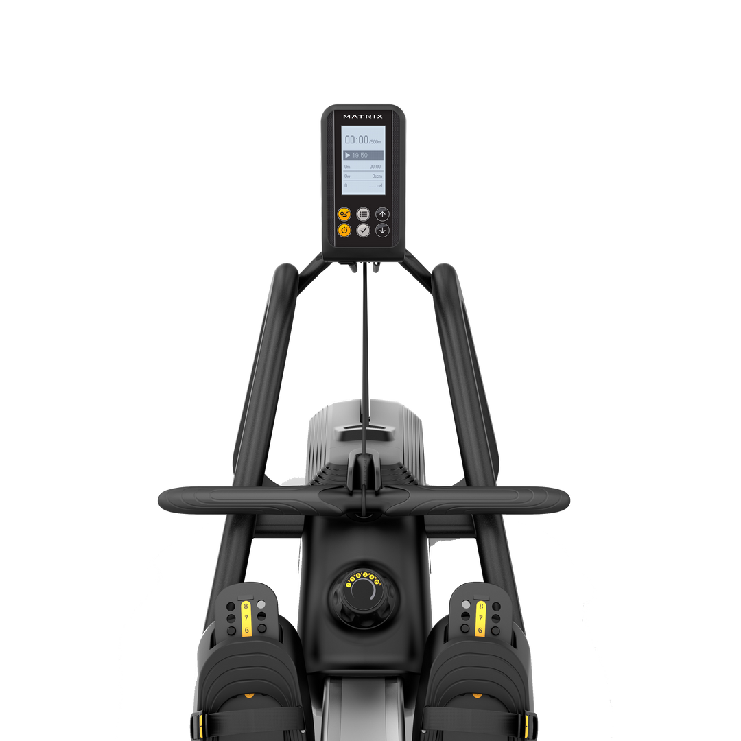 Front view of the Matrix rowing machine with LCD console and ergonomic handle.
