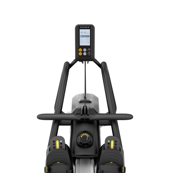 Front view of the Matrix rowing machine with LCD console and ergonomic handle.
