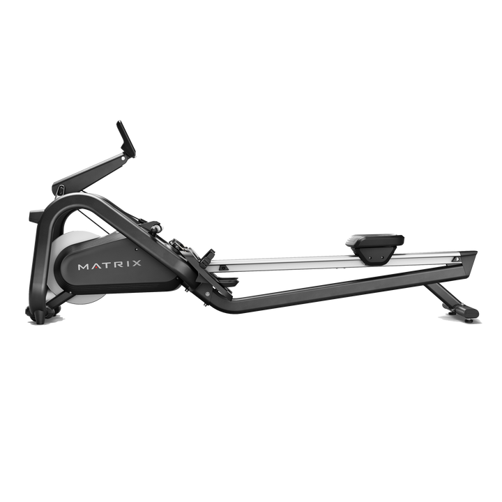 Side profile of the Matrix rowing machine showing the aluminum monorail frame.
