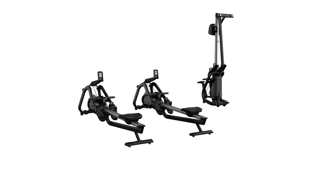 Matrix rowing machine displayed in operating and upright storage positions.
