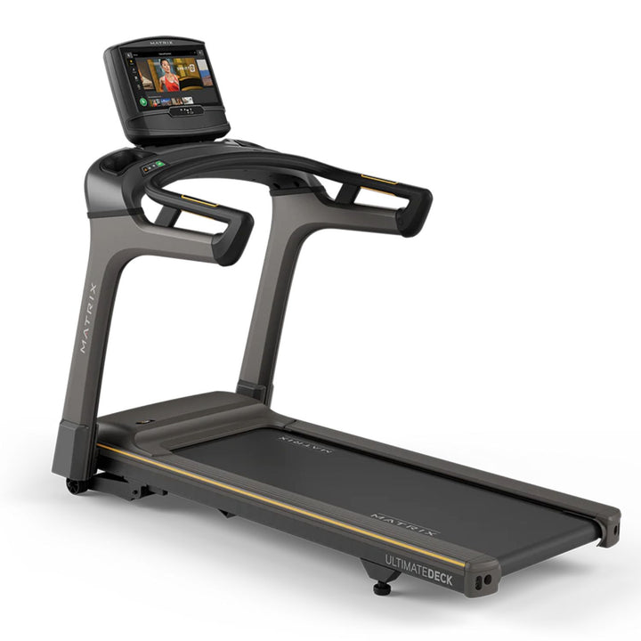 Matrix T30 treadmill with touchscreen console and Ultimate Deck cushioning shown in front angled perspective