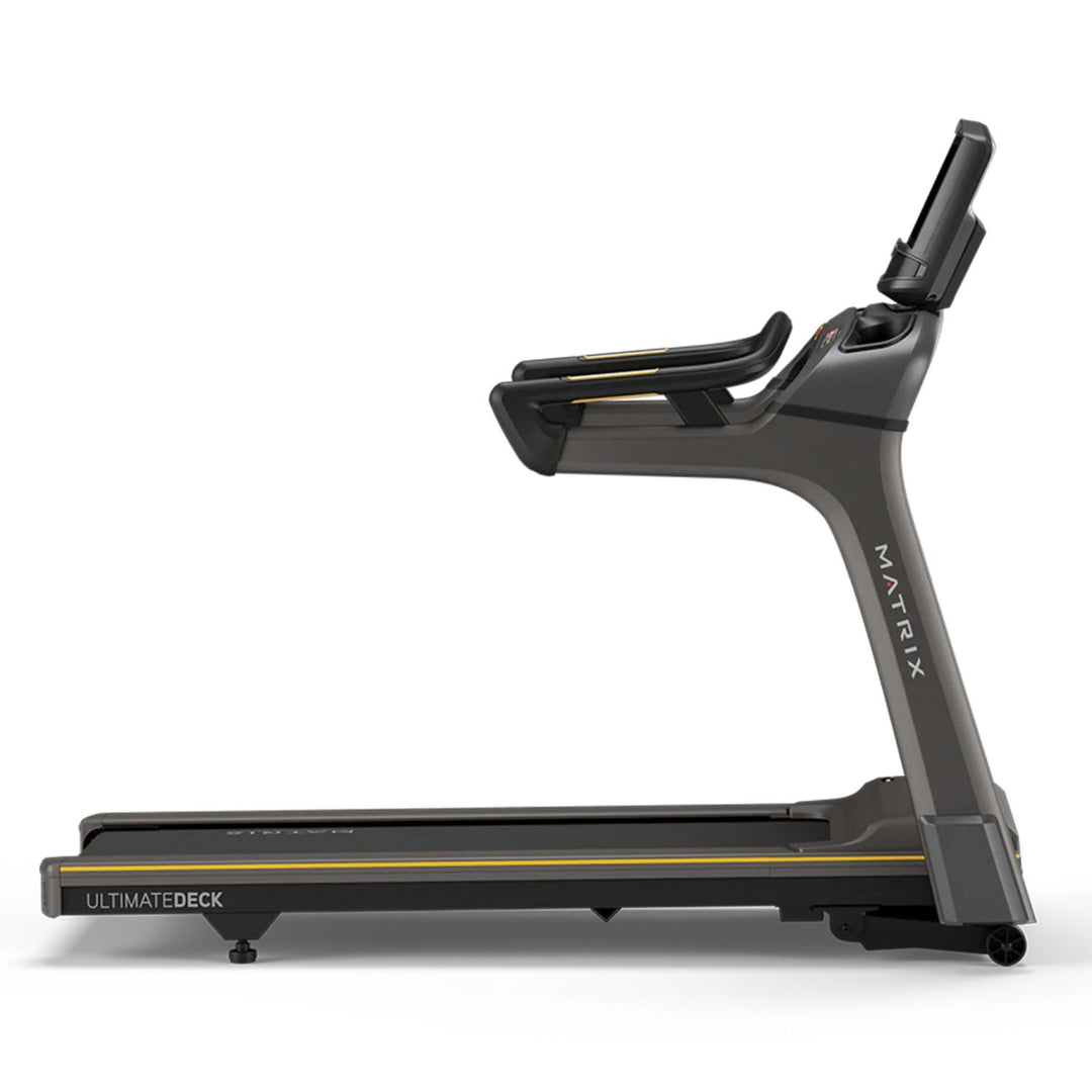 Matrix T30 treadmill side profile highlighting Ultimate Deck system and sturdy commercial-grade frame