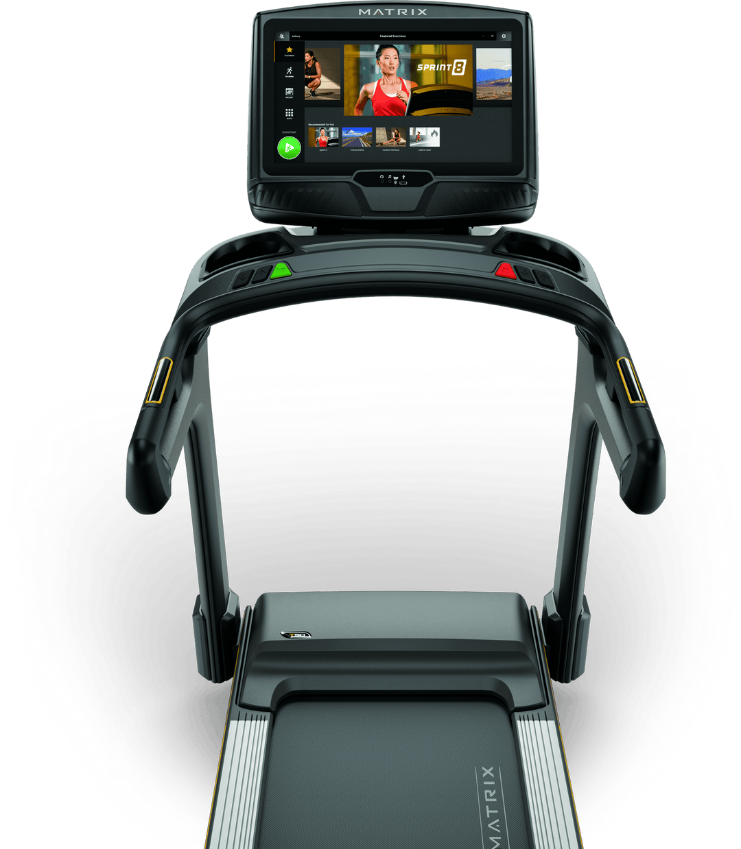 Front view of Matrix T50 treadmill with XUR touchscreen console showing workout metrics and ergonomic handlebar design