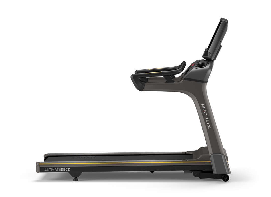 Side profile of Matrix T50 treadmill with XUR touchscreen console and durable frame for home cardio workouts