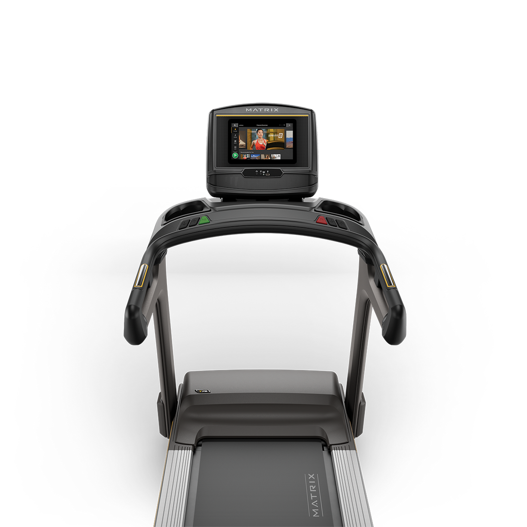 Front view of Matrix T75 treadmill with XER console displaying workout metrics and durable frame for commercial cardio use