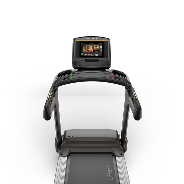 Front view of Matrix T75 treadmill with XER console displaying workout metrics and durable frame for commercial cardio use