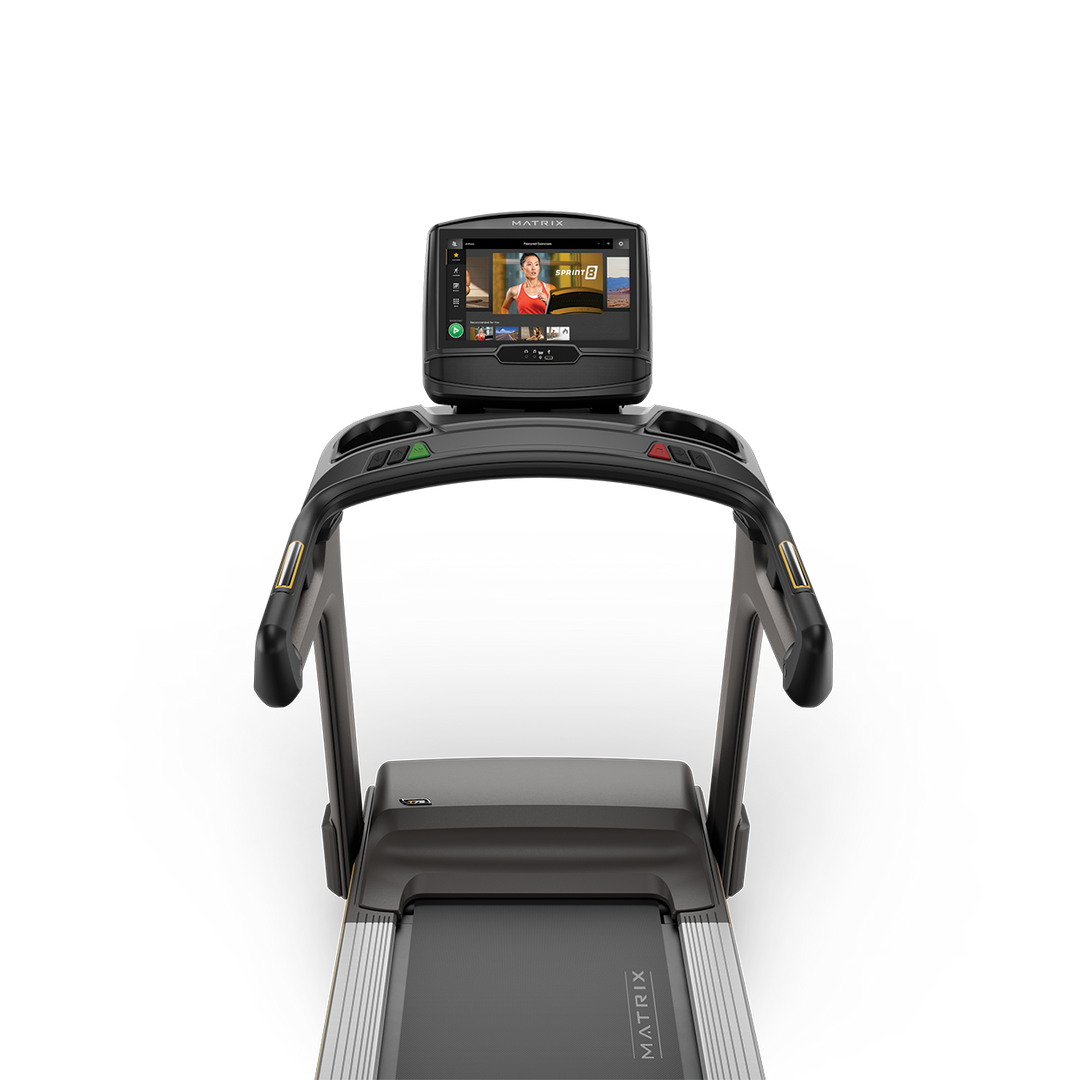 Matrix T75 treadmill with XIR consoleFront view of Matrix T75 treadmill with XIR touchscreen console displaying workout data and durable commercial frame design