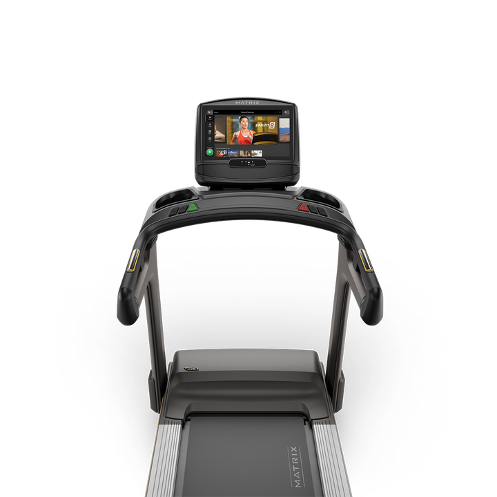 Matrix T75 treadmill with XIR consoleFront view of Matrix T75 treadmill with XIR touchscreen console displaying workout data and durable commercial frame design