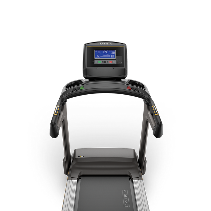 Front view of Matrix T75 treadmill with XR LED console showing workout metrics and durable commercial cardio design