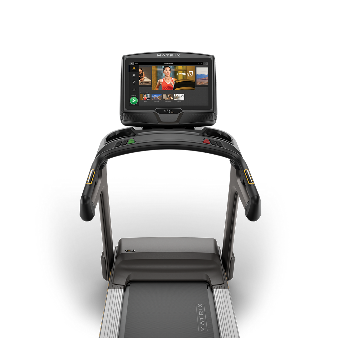 Front view of Matrix T75 treadmill with XUR touchscreen console showing workout metrics and durable commercial design