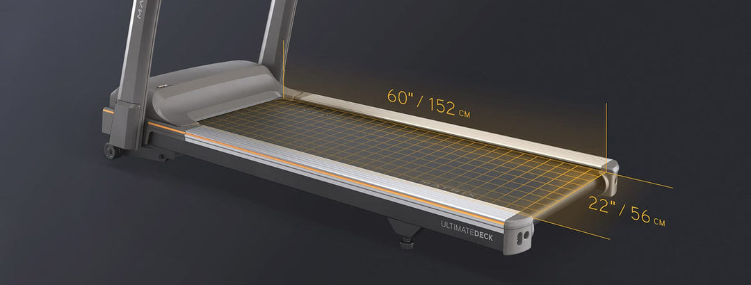 Matrix T75 treadmill Ultimate Deck system showing shock absorption components and durable running surface for cardio training