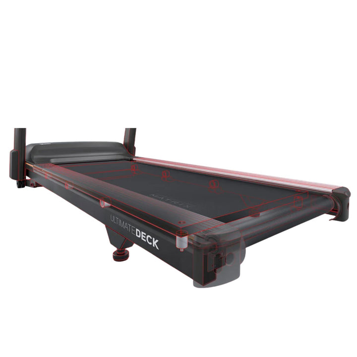 Matrix TF30 treadmill running deck showing Ultimate Deck cushioning system with internal shock absorption components and durable frame design