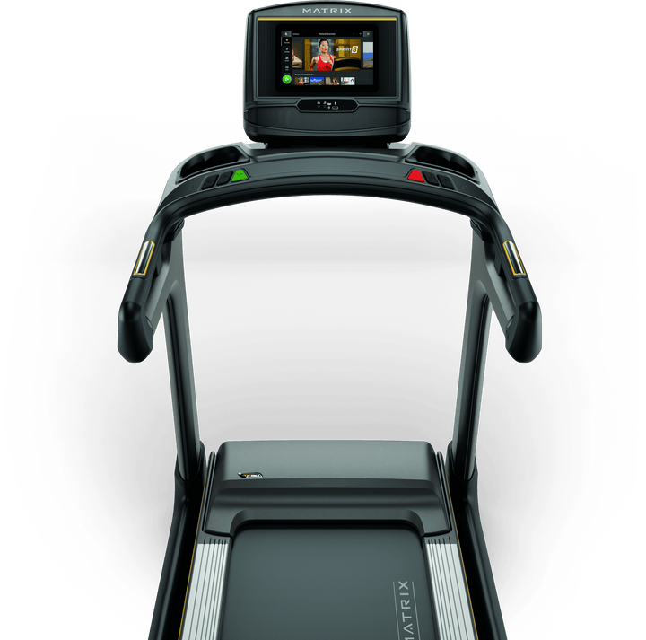 Front view of Matrix TF50 treadmill with XER console displaying workout metrics and ergonomic handlebar design