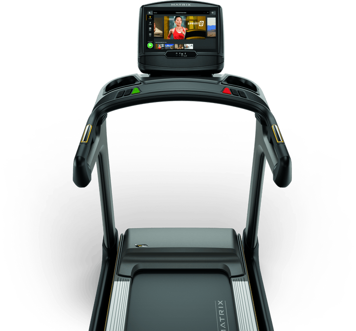 Front view of Matrix TF50 treadmill with XIR touchscreen console showing workout data and ergonomic handlebar design
