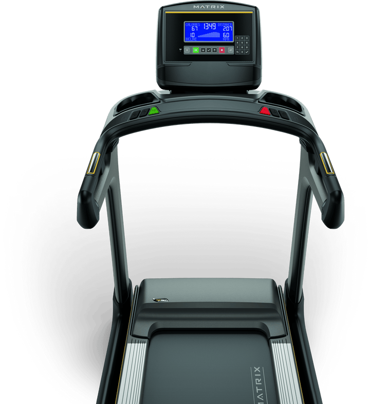 Front view of Matrix TF50 treadmill with XR LED console showing workout metrics and ergonomic handlebar design