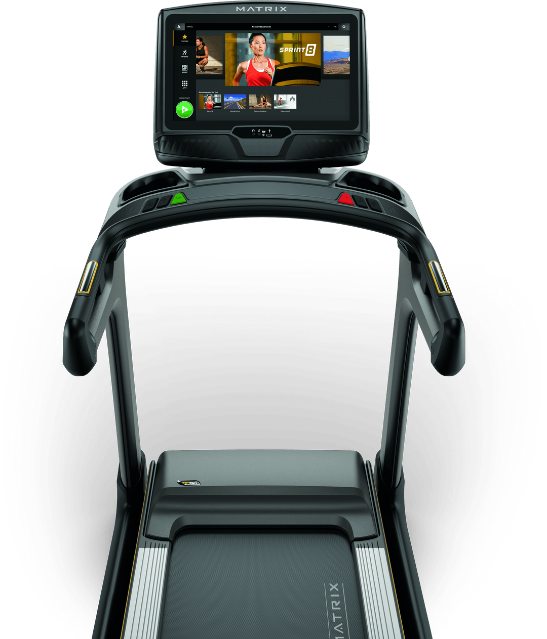 Front view of Matrix TF50 treadmill with XUR touchscreen console showing workout metrics and ergonomic handlebar design