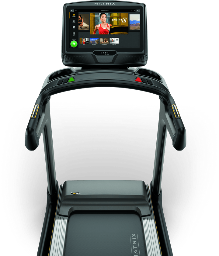 Front view of Matrix TF50 treadmill with XUR touchscreen console showing workout metrics and ergonomic handlebar design
