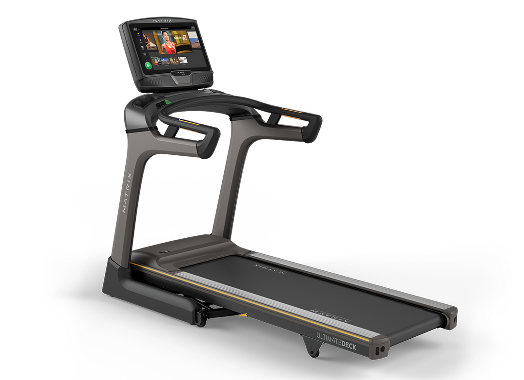Matrix TF50 treadmill hero image featuring XUR touchscreen console, durable running deck, and modern home cardio design