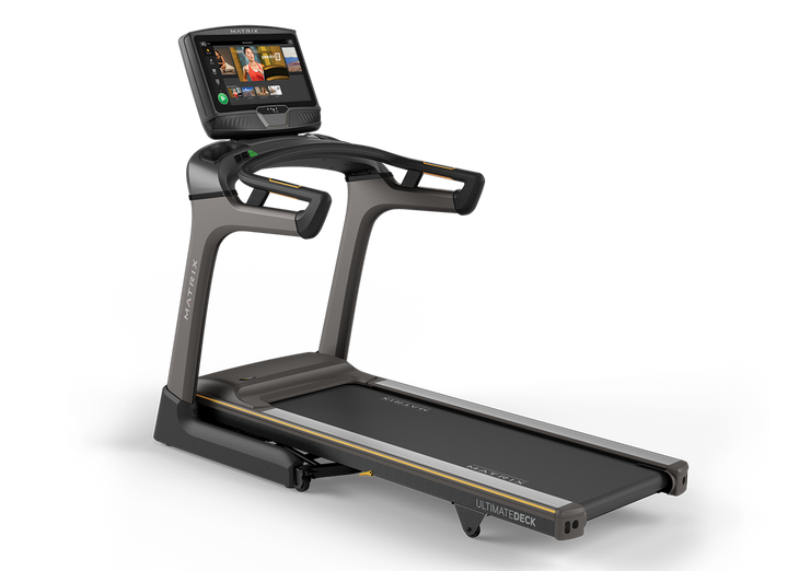 Matrix TF50 treadmill hero image featuring XUR touchscreen console, durable running deck, and modern home cardio design