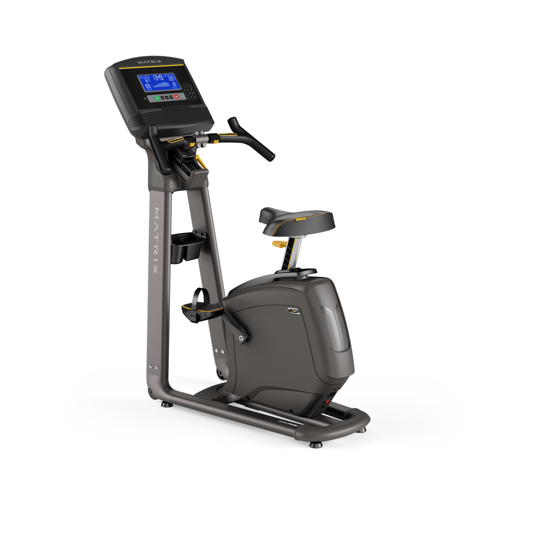 Matrix U50 upright bike with XR LED console, ergonomic seat, and smooth pedaling motion for home cardio workouts