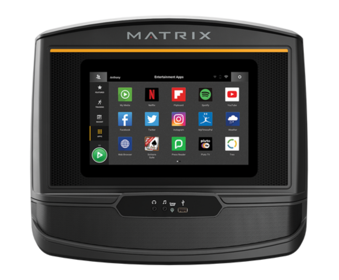 Matrix XER console with touchscreen interface displaying apps and workout controls for fitness machines