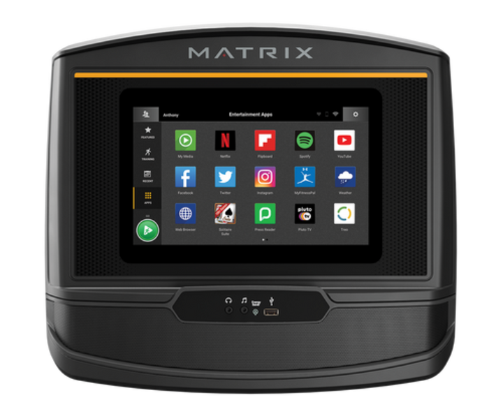 Matrix XER console with touchscreen interface displaying apps and workout controls for fitness machines