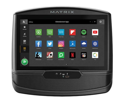 Matrix XIR console with touchscreen display showing entertainment apps and workout interface for cardio equipment