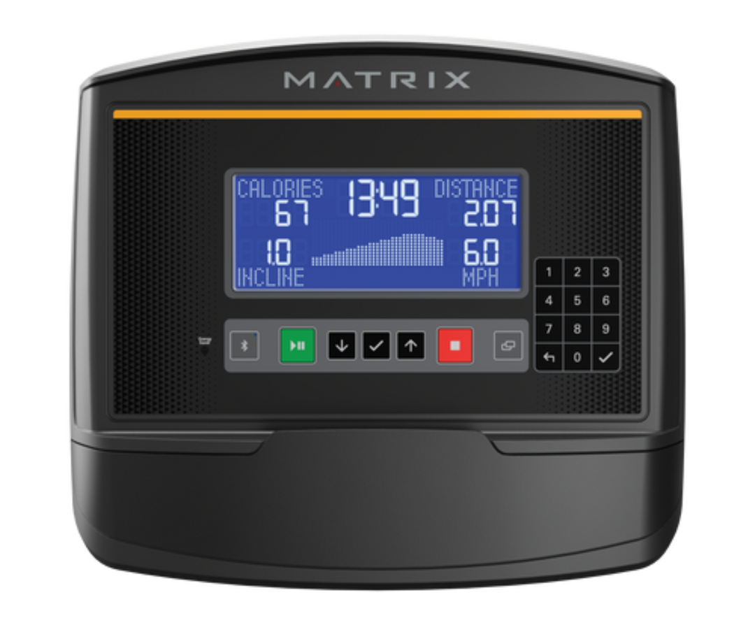Matrix XR console with LED display showing workout metrics including calories, time, distance, incline, and speed for fitness equipment