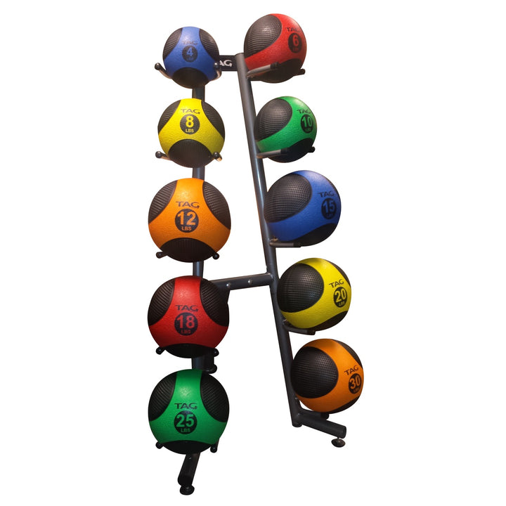Multiple color-coded medicine balls organized on a vertical storage rack