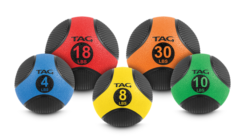 Medicine ball collection in multiple color-coded sizes from 4 to 30