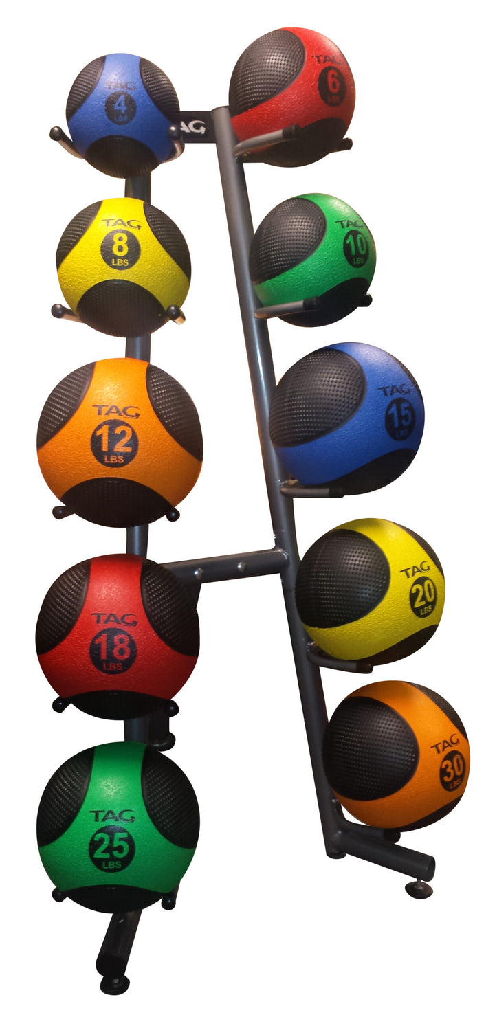 Black vertical medicine ball storage rack shown loaded with 10 assorted medicine balls