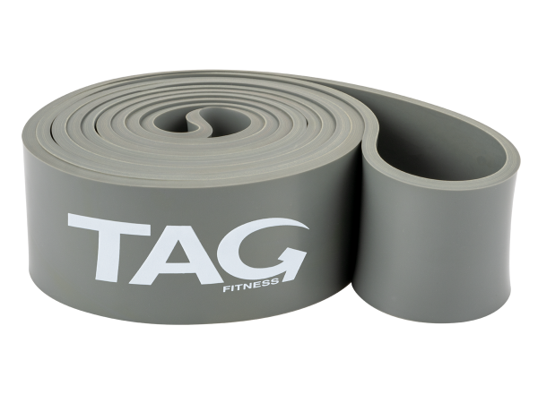 Gray medium strength band for resistance and strength training exercises