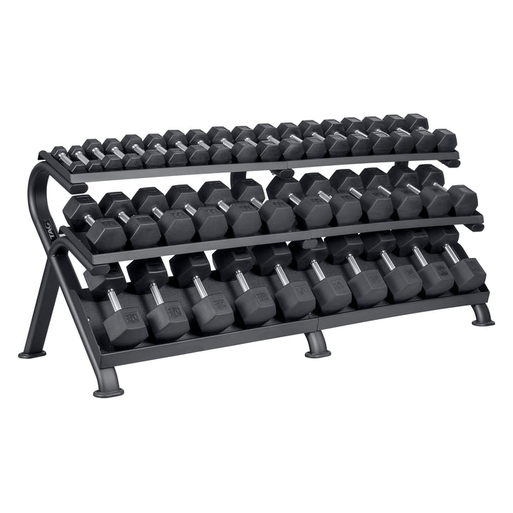 Black multi-tier mega hex dumbbell storage rack shown loaded with multiple pairs of hex dumbbells