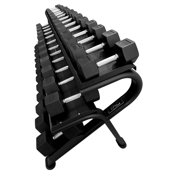 Side view of black Mega hex dumbbell storage rack loaded with multiple pairs of hex dumbbells