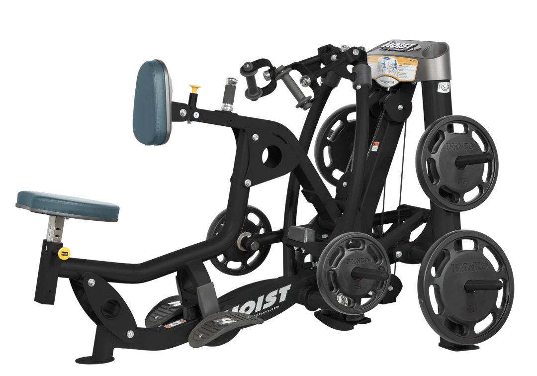 angled view of plate loaded mid row machine showing handle design, seat position, and weight plate storage