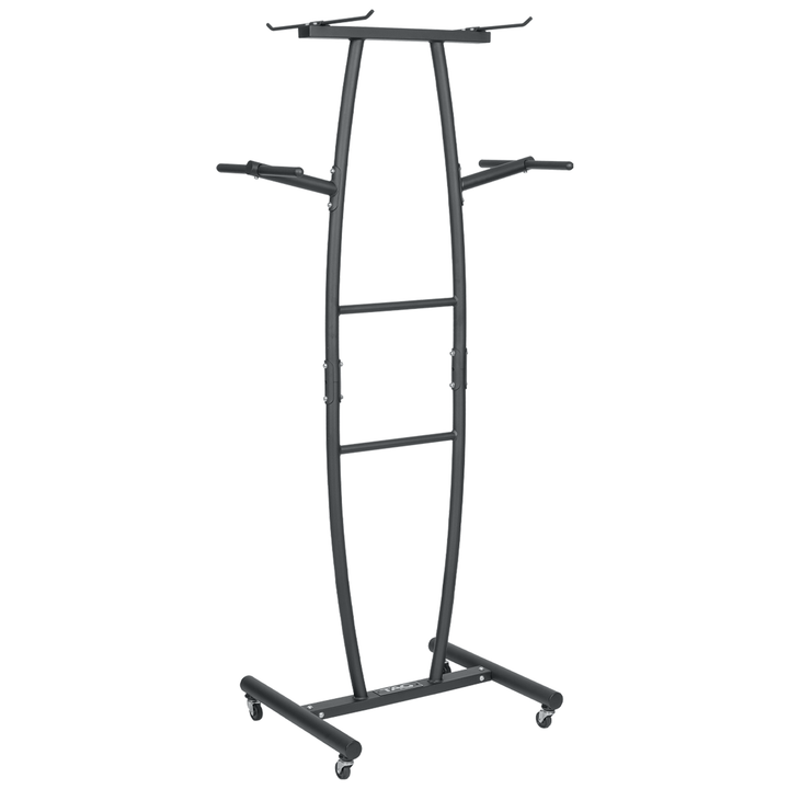 Black mobile exercise mat storage rack with casters and multiple bars for hanging grommet mats and accessories