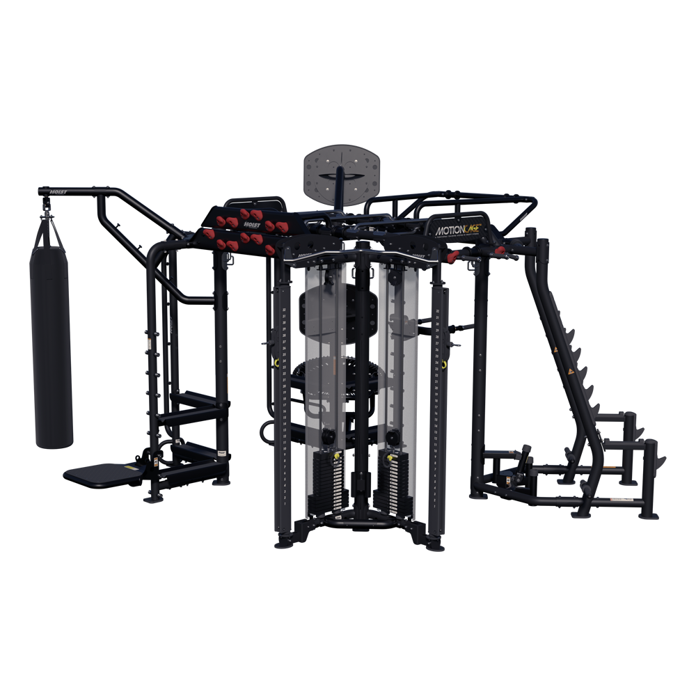 angled front view of Motion Cage Package 5 featuring integrated training stations, storage racks, and conditioning accessories