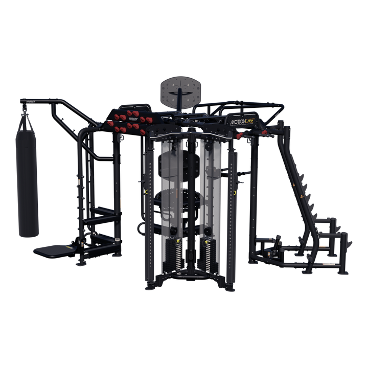 angled front view of Motion Cage Package 5 featuring integrated training stations, storage racks, and conditioning accessories