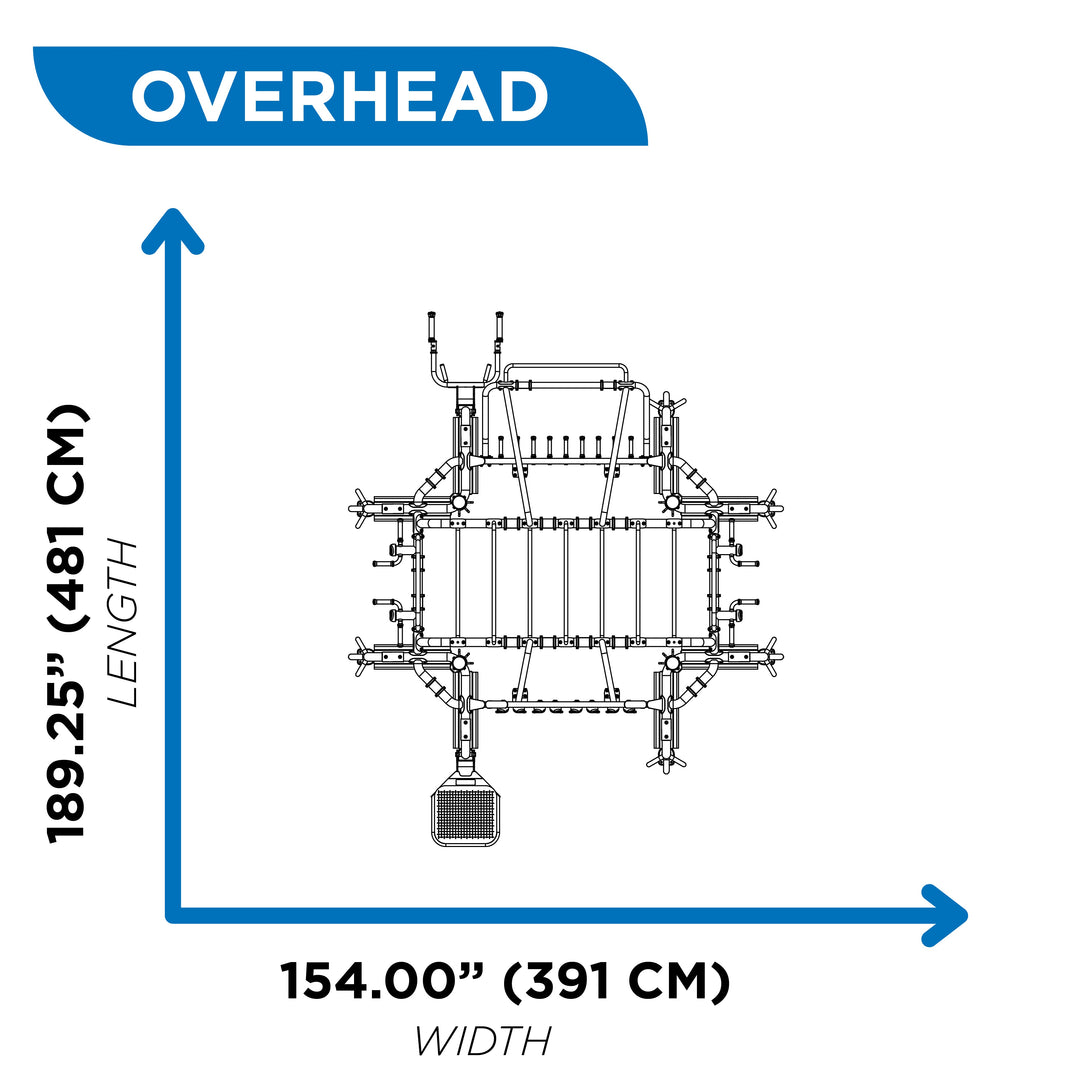 overhead dimensions diagram of Hoist Motion Cage Package 1 showing 189.25 inch length and 154.00 inch width
