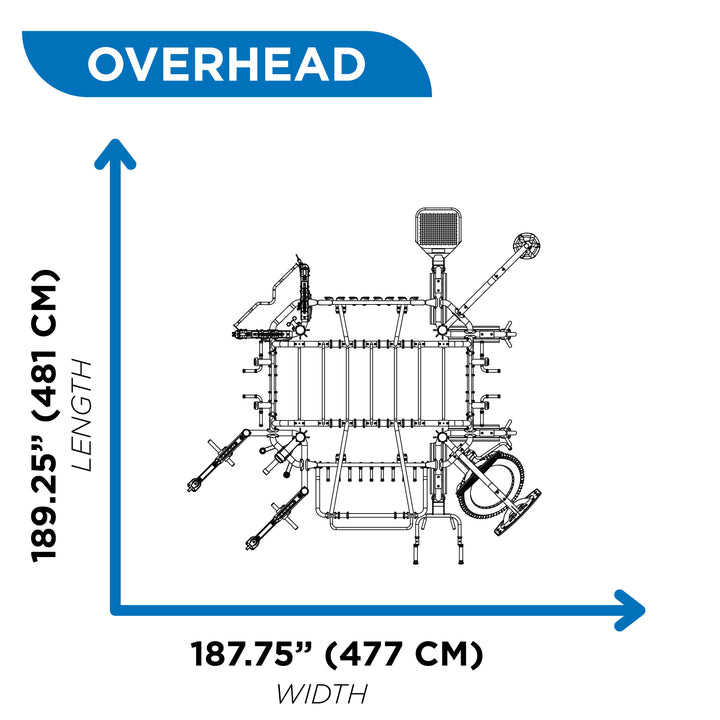overhead dimensions diagram of Motion Cage Package 5 showing 189.25 inch length and 187.75 inch width