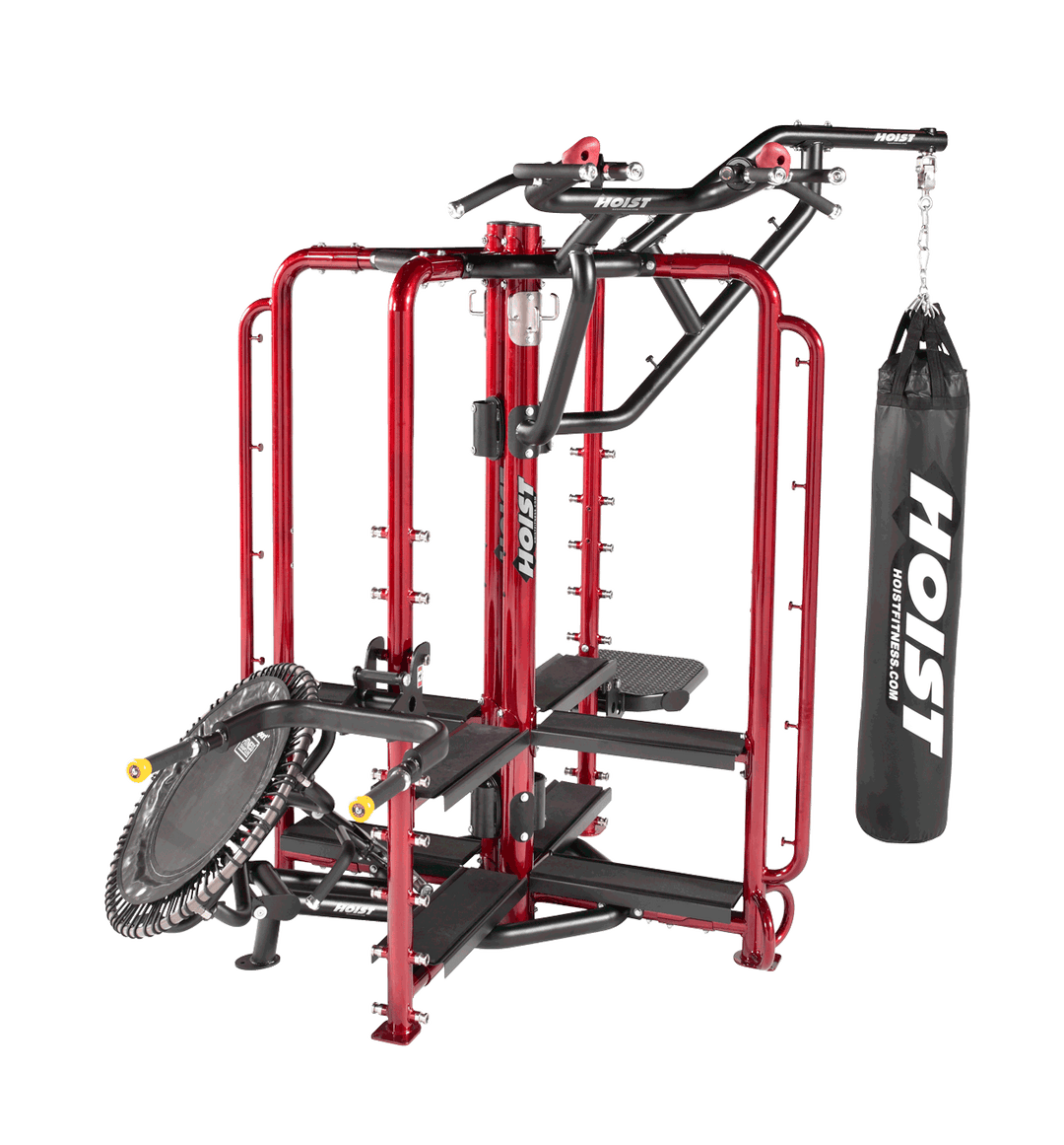 red Motion Cage Studio Package 2 featuring rebounder platform, suspension points, and heavy bag training setup