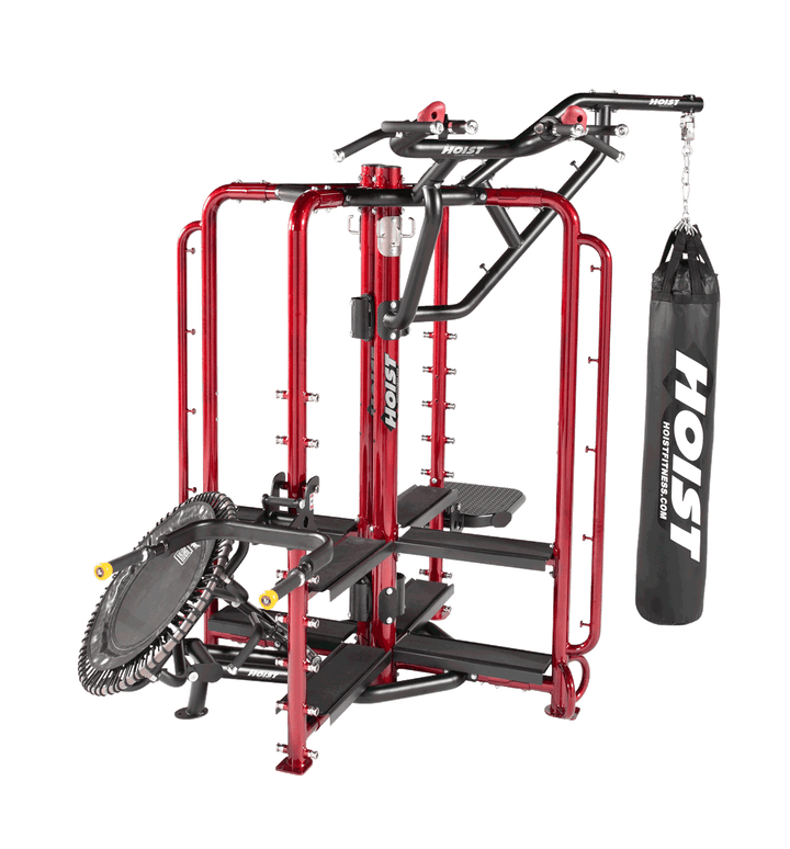 red Motion Cage Studio Package 2 featuring rebounder platform, suspension points, and heavy bag training setup