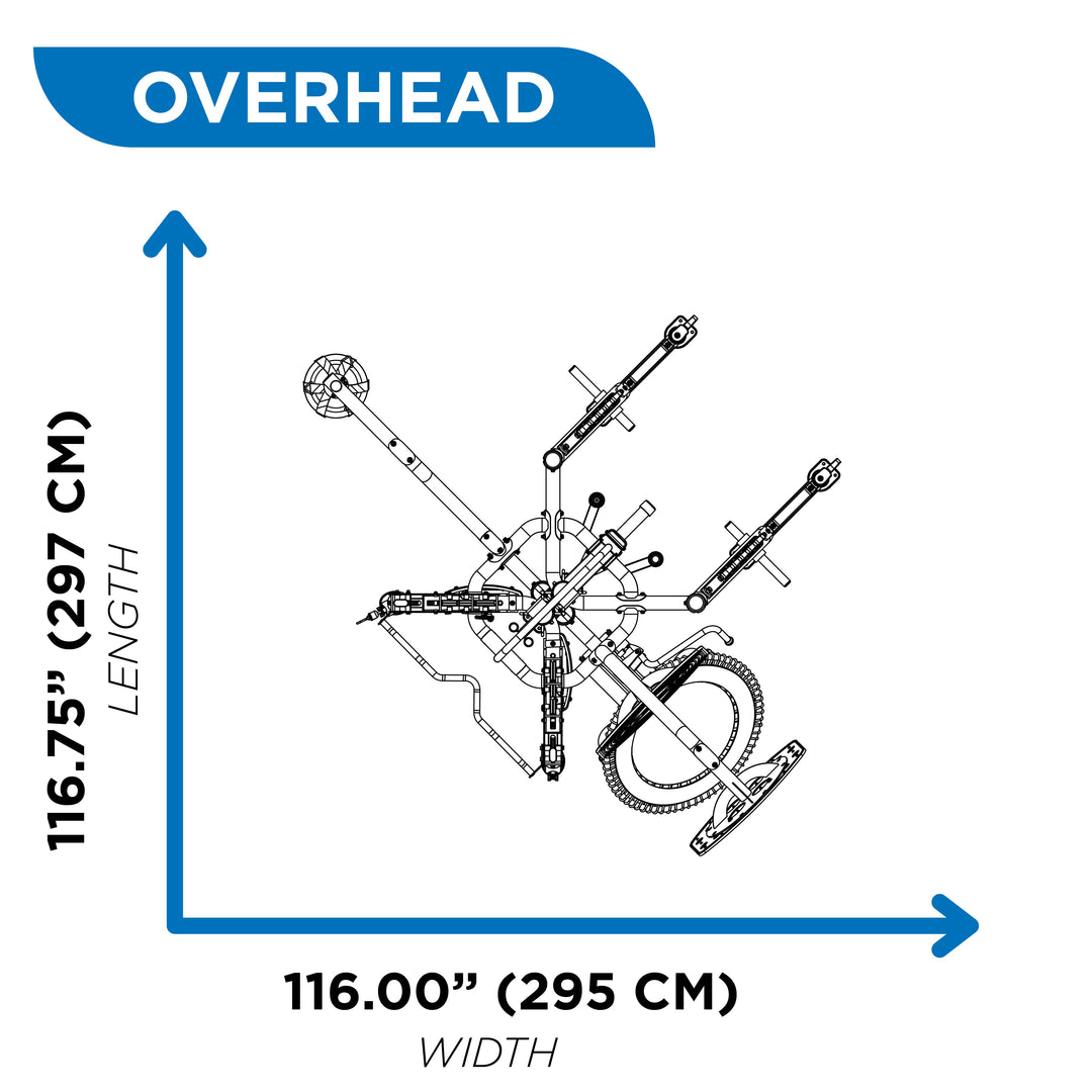 overhead dimensions diagram of Motion Cage Studio Package 5 showing 116.00 inch width and 116.75 inch length