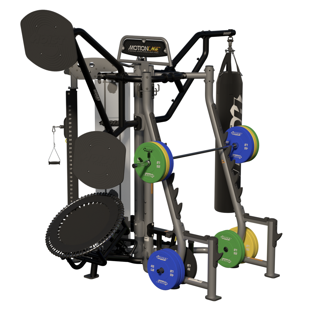 rear angled view of Motion Cage Studio Package 5 showcasing compact commercial training and accessory organization