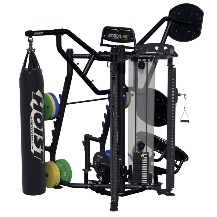 Motion Cage Studio Package 5 featuring suspended heavy punching bag for boxing and combat fitness workouts