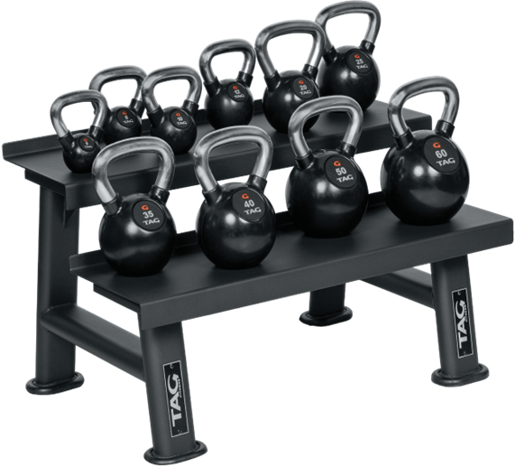 Black multi-equipment storage rack shown holding multiple kettlebells across two storage levels
