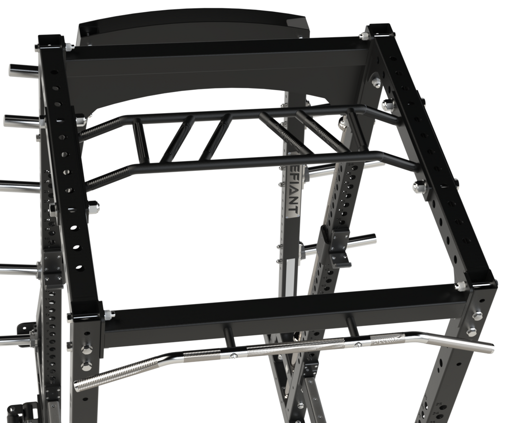 Multi-grip pull-up bar integrated into the Defiant Strength commercial power rack.