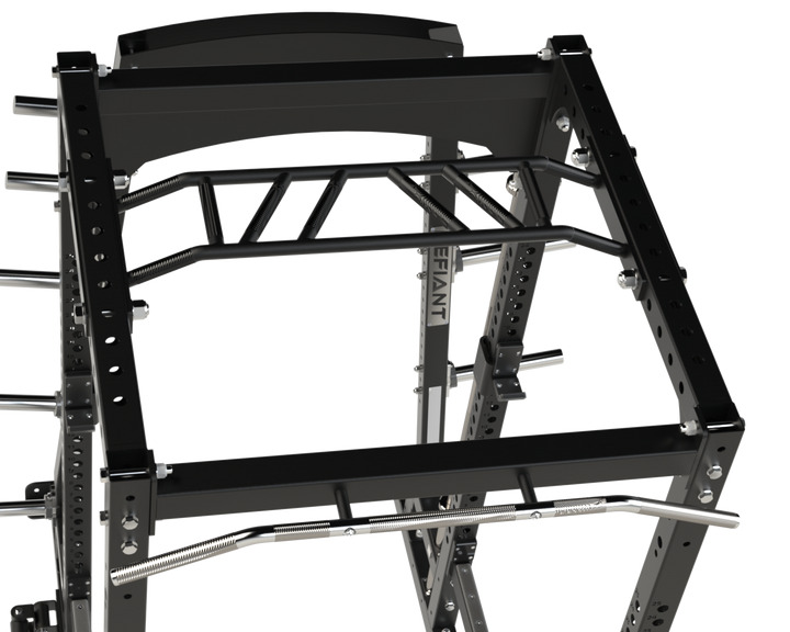 Multi-grip pull-up bar integrated into the Defiant Strength commercial power rack.