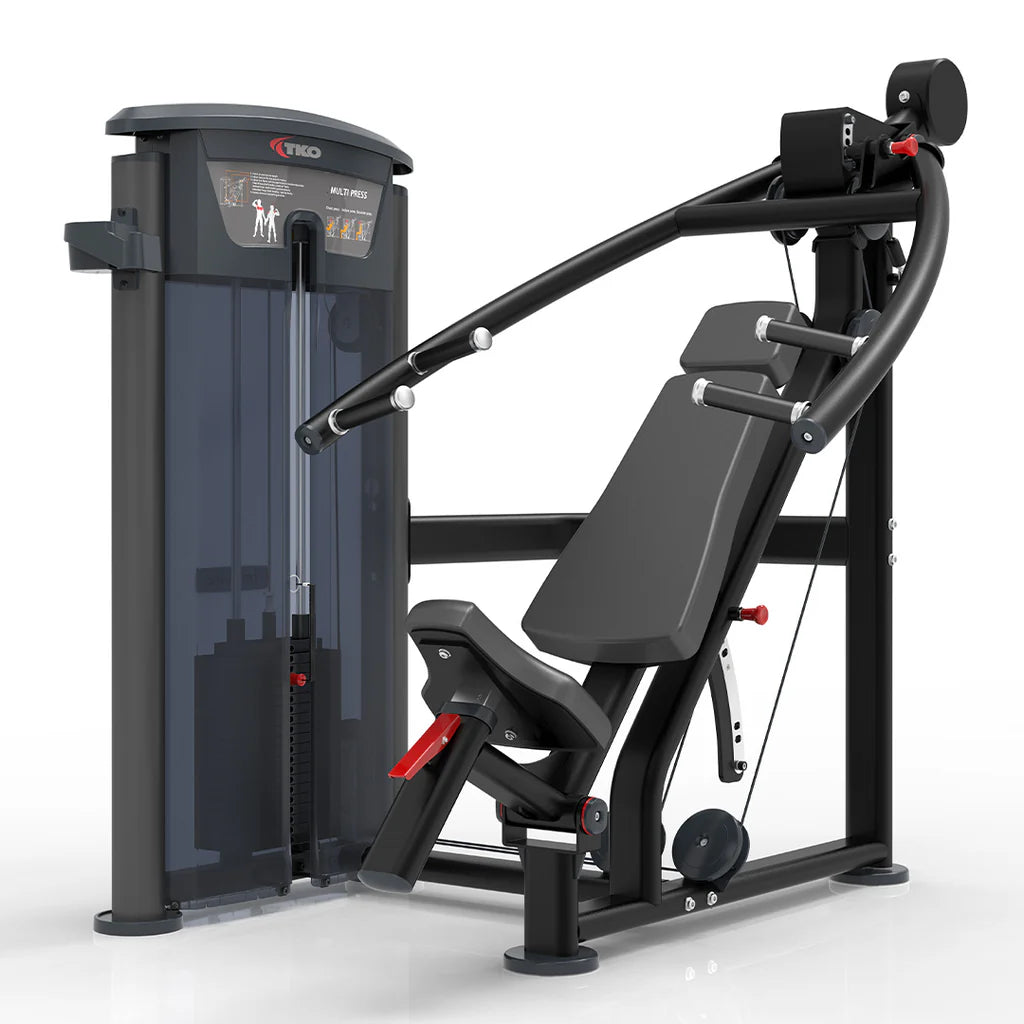 Multi Press machine with adjustable seat, multi-position press arms, ergonomic backrest, and selectorized weight stack for commercial upper body strength training.
