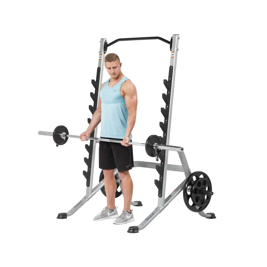 Multi purpose squat rack barbell curl setup for arm strength training and weightlifting workouts